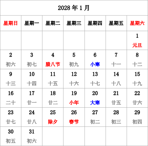 2028年台历 有农历，无周数，周日开始